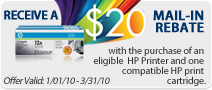 Receive $20 Mail-In Rebate with purchase of an eligible HP LaserJet or Color LaserJet printer and one compatible HP LaserJet print cartridge.