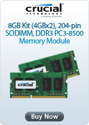 Crucial Technology &nbsp;- &nbsp;8GB Kit (4GBx2), 204-pin SODIMM, DDR3 PC3-8500 Memory Module