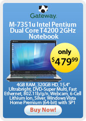 Gateway M-7351u Intel Pentium Dual Core T4200 2GHz Notebook - 4GB RAM, 320GB HD, 15.4" Ultrabright, DVD-Super Multi, Fast Ethernet, 802.11b/g/n, Webcam, 6-Cell Lithium Ion, Silver