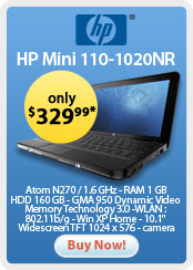 HP Mini 110-1020NR - Atom N270 / 1.6 GHz - RAM 1 GB - HDD 160 GB - GMA 950 Dynamic Video Memory Technology 3.0 - WLAN : 802.11b/g - Win XP Home - 10.1" Widescreen TFT 1024 x 576 - camera