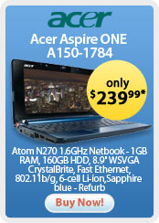 Acer Aspire ONE A150-1784 Atom N270 1.6GHz Netbook - 1GB RAM, 160GB HDD, 8.9" WSVGA CrystalBrite, Fast Ethernet, 802.11b/g, 6-cell Li-ion, Sapphire blue - Refurb