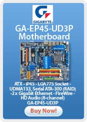 Gigabyte GA-EP45-UD3P - Motherboard - ATX - iP45 - LGA775 Socket - UDMA133, Serial ATA-300 (RAID) - 2 x Gigabit Ethernet - FireWire - HD Audio (8-channel)