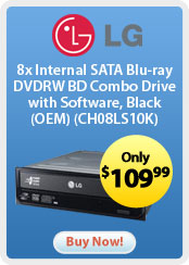 LG Electronics 8x Internal SATA Blu-ray DVDRW BD Combo Drive with Software, Black (OEM) (CH08LS10K)