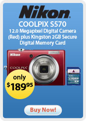 Nikon COOLPIX S570 12.0 Megapixel Digital Camera (Red) plus Kingston 2GB Secure Digital Memory Card