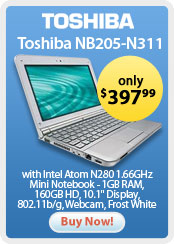 Toshiba NB205-N311/W Intel Atom N280 1.66GHz Mini Notebook - 1GB RAM, 160GB HD, 10.1" Display, 802.11b/g, Webcam, Frost White