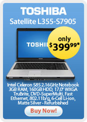 Toshiba Satellite L355-S7905 Intel Celeron 585 2.16GHz Notebook - 3GB RAM, 160GB HDD, 17.0" WXGA TruBrite, DVD-SuperMulti, Fast Ethernet, 802.11b/g, 6-Cell Li-ion, Matte Silver - Refurbished