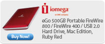 eGo 500GB Portable FireWire 800 / FireWire 400 / USB 2.0 Hard Drive, Mac Edition, Ruby Red