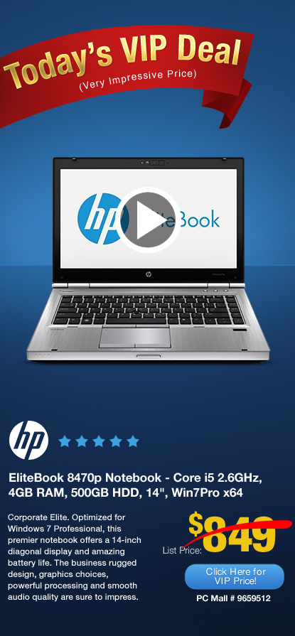 HP EliteBook 8470p Notebook - Core i5 2.6GHz, 4GB RAM, 500GB HDD, 14, Win7Pro x64